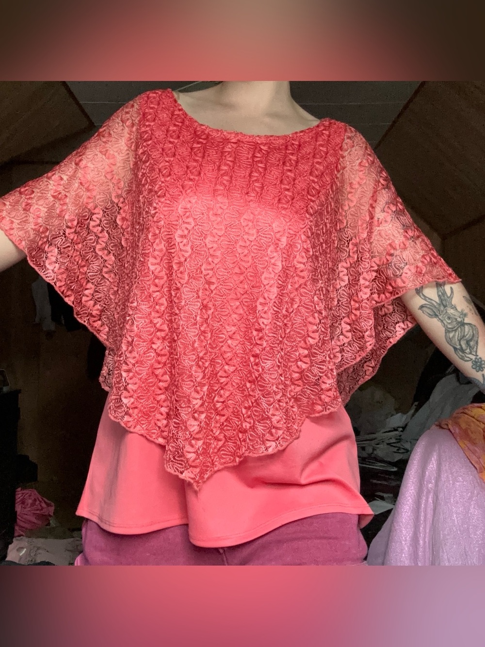 Coquette Coral Pink Swirly Lace Poncho with Attached Tank Top